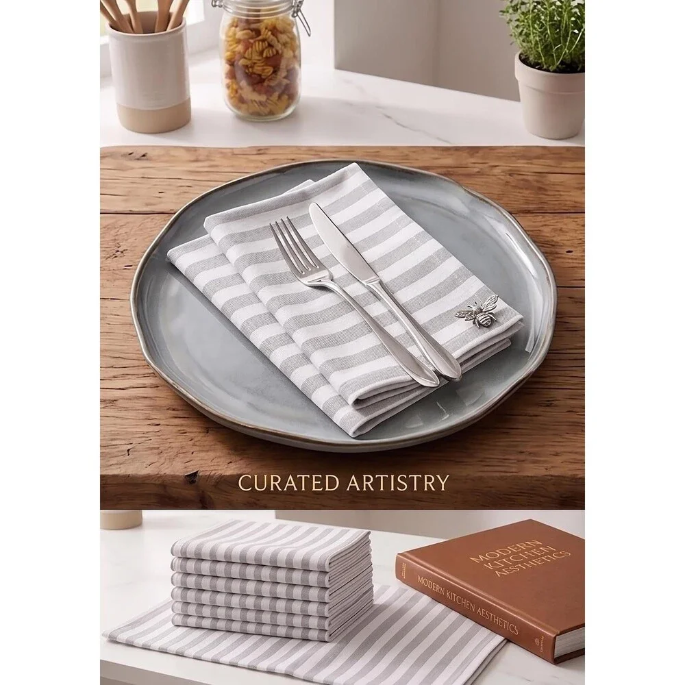 SYDR Cotton Striped Cloth Napkins 6 Pack 18x18 Gray Reusable Washable Table